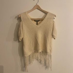 BCBG Maxazria beige fringe back, open shoulder sweater